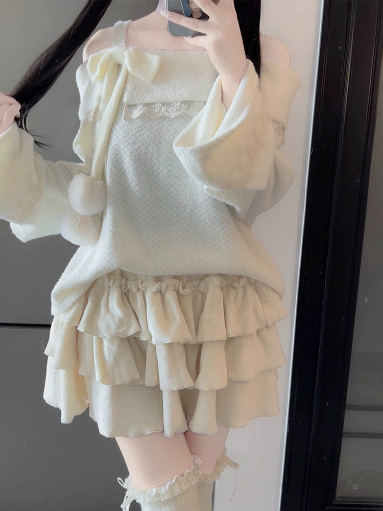 Off-Shoulder Fluffy Sweater and Skirt LAL0097
