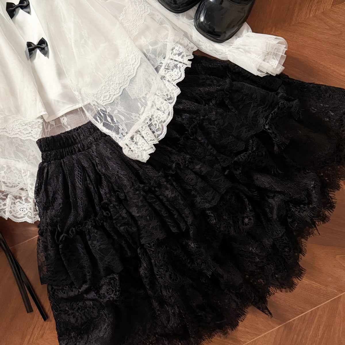Off Shoulder Sheer Lace Blouse With Bow Trim LAL0128