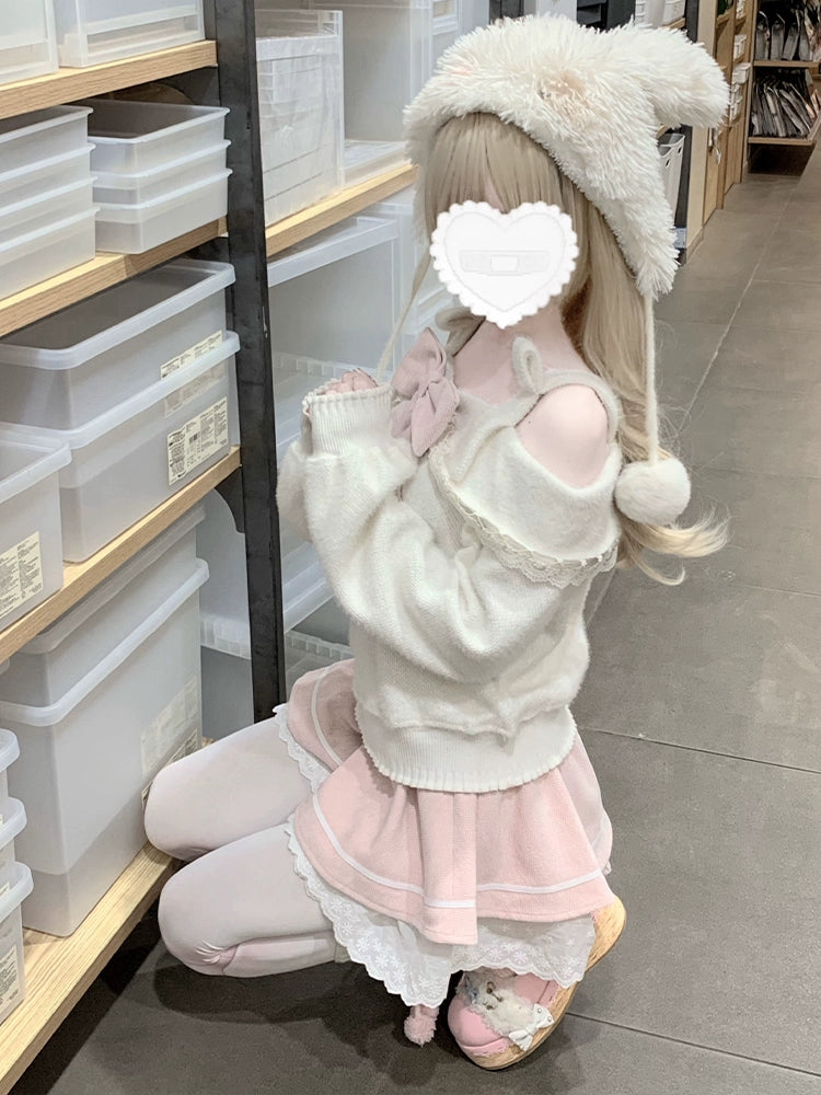 Mochi Soft One-Shoulder Big Ribbon Knit and Skirt Two-Piece LAL0105