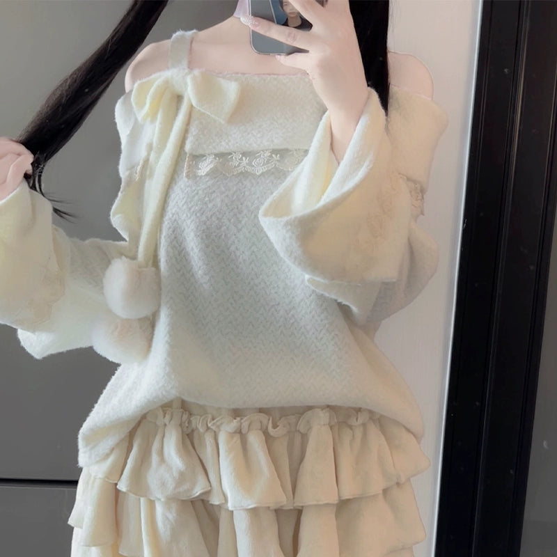 Off-Shoulder Fluffy Sweater and Skirt LAL0097