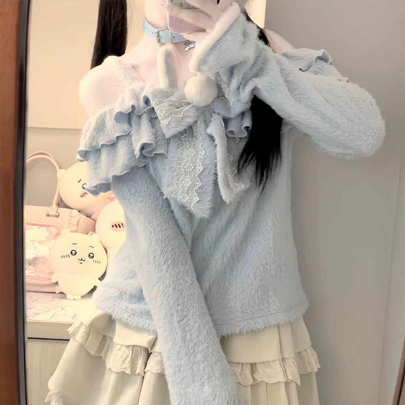 Blue One-Shoulder Sweater and Skirt Two-Piece LAL0111