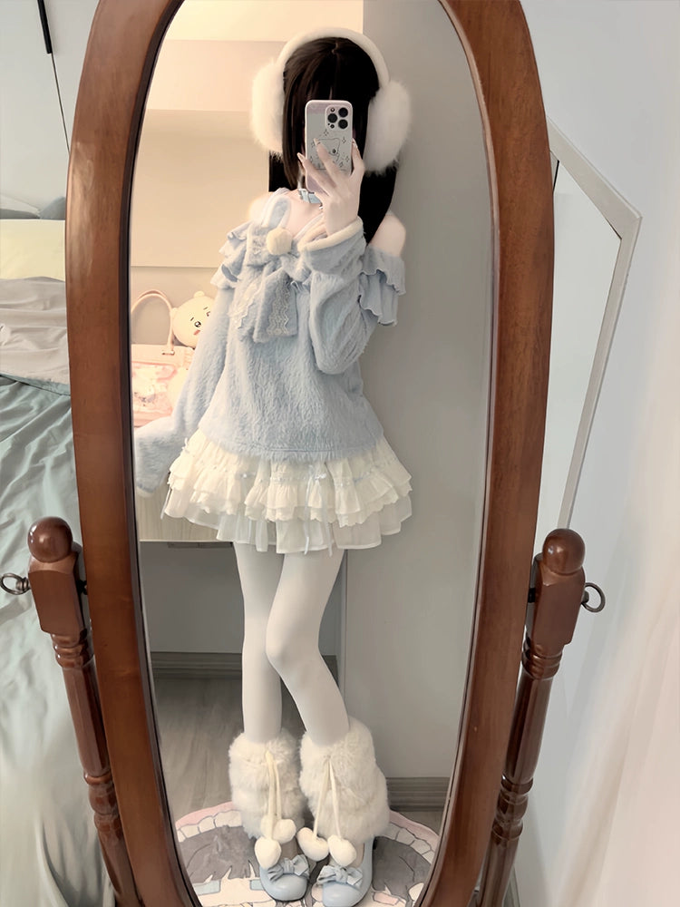 Blue One-Shoulder Sweater and Skirt Two-Piece LAL0111