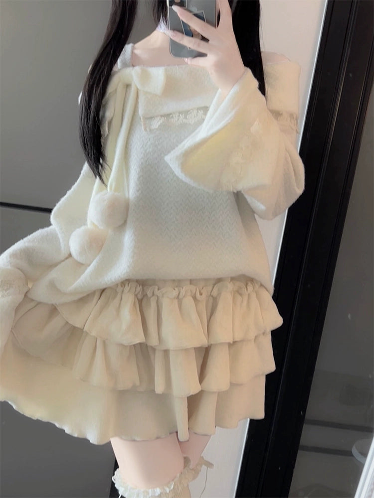 Off-Shoulder Fluffy Sweater and Skirt LAL0097