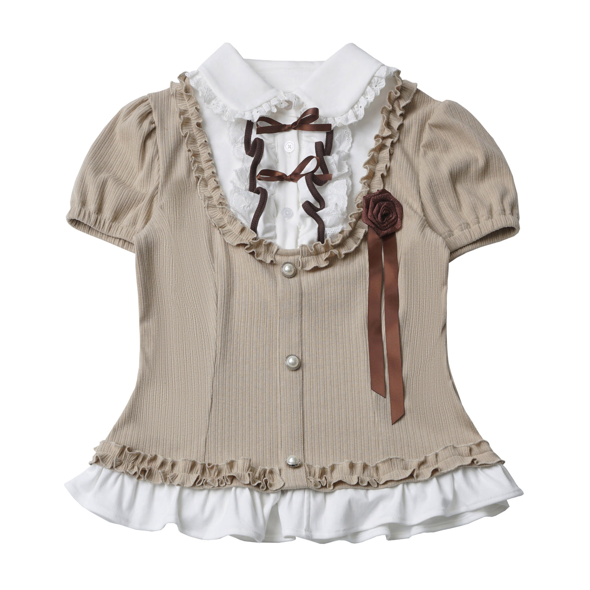 Puff-Sleeve Faux Two-Piece Knit Top And Tiered Skirt Set PIN0024