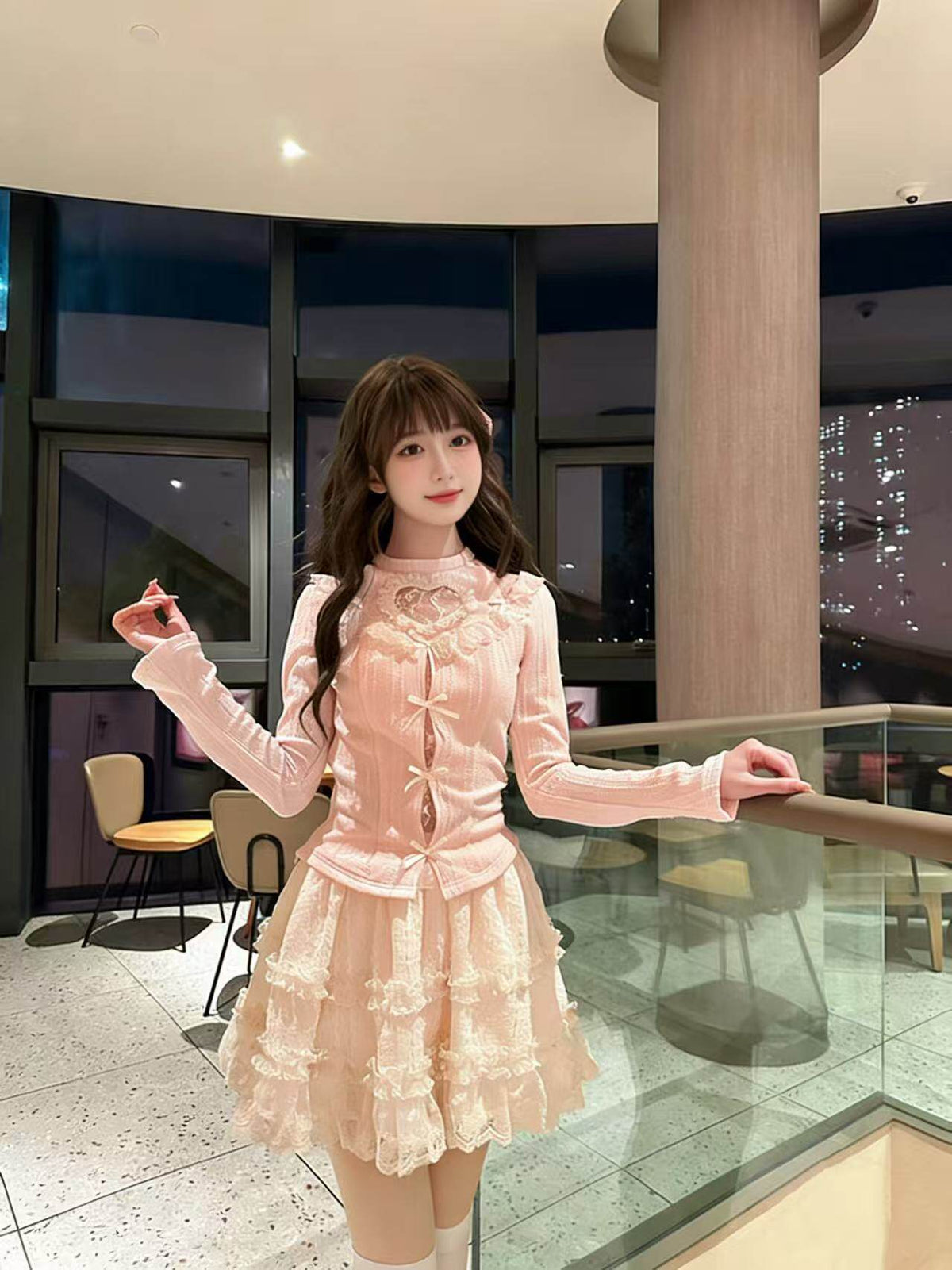 Heart Cutout Lace Trim Tiered Skirt Set BEL0022