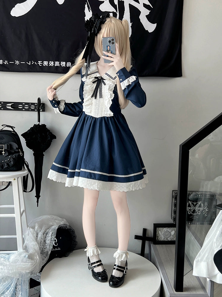 Blue Doll Collar Long Sleeve Dress LAL0099