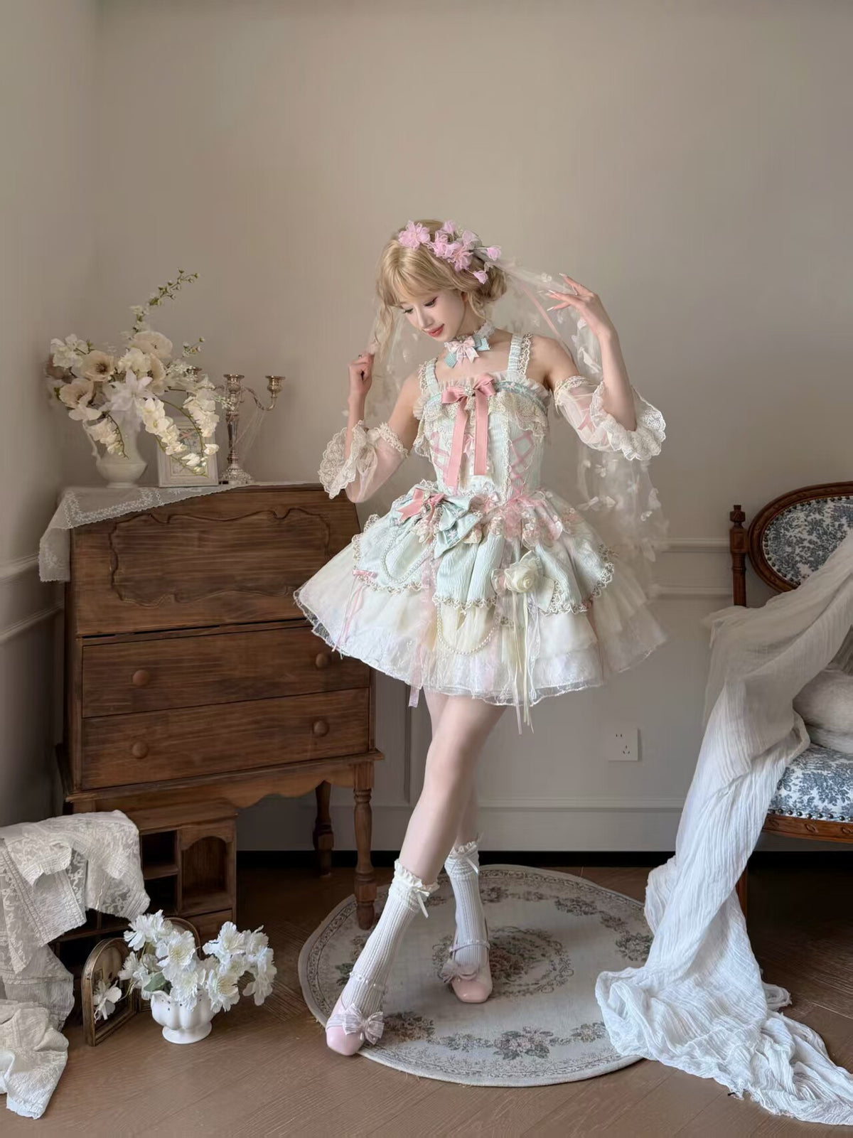 Pastel Floral Sheer Lace Lolita Dress ONE0022