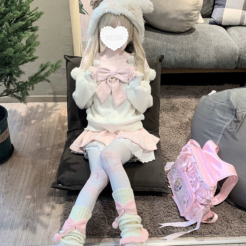 Mochi Soft One-Shoulder Big Ribbon Knit and Skirt Two-Piece LAL0105