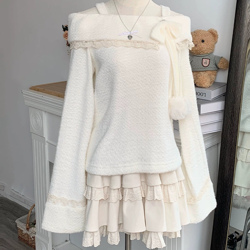 Off-Shoulder Fluffy Sweater and Skirt LAL0097