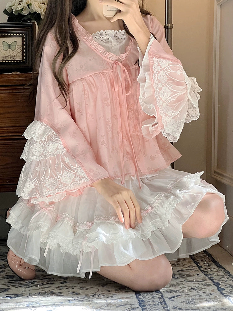 Faux Two-Piece Top Layered Shirt & White Cake Skirt LAL0092