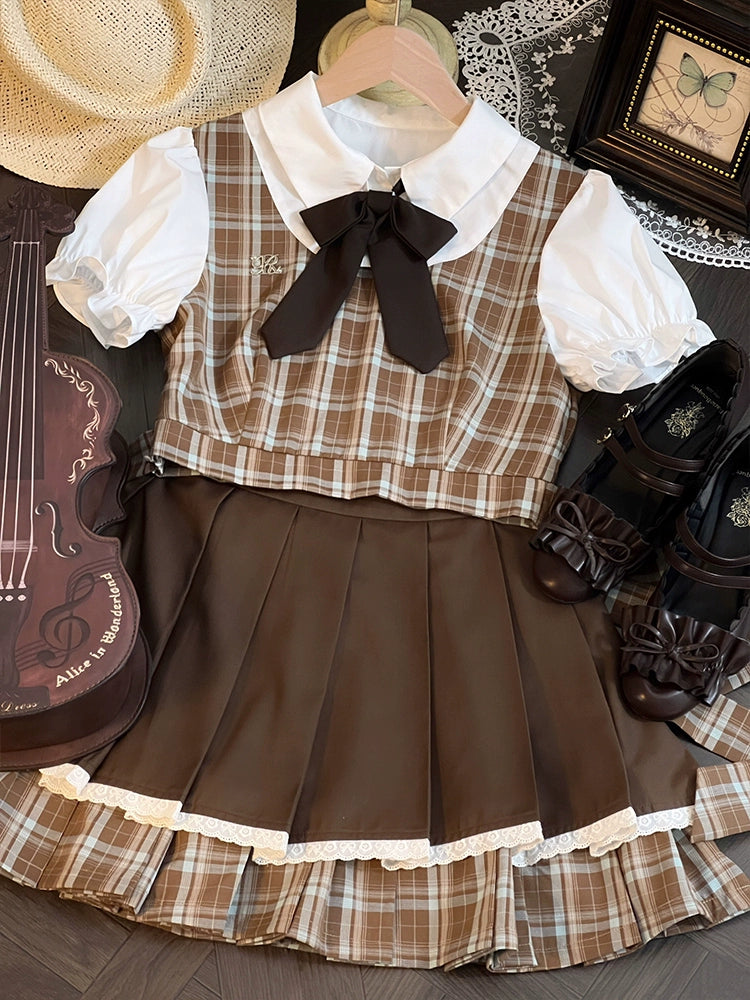 Brown Checkered Top and Skirt Two-Piece LAL0088