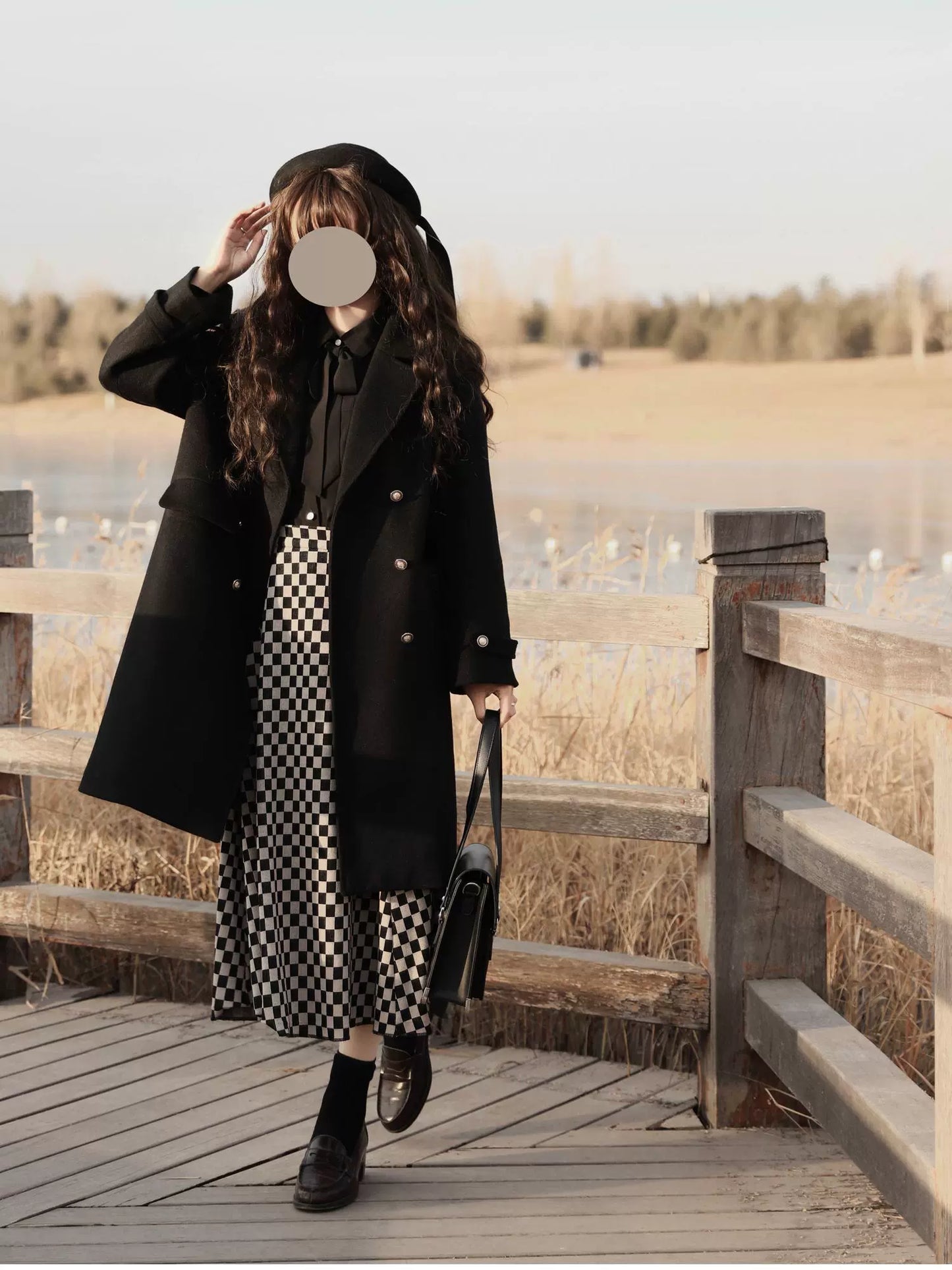 College Style Black Wool Coat HUT0124
