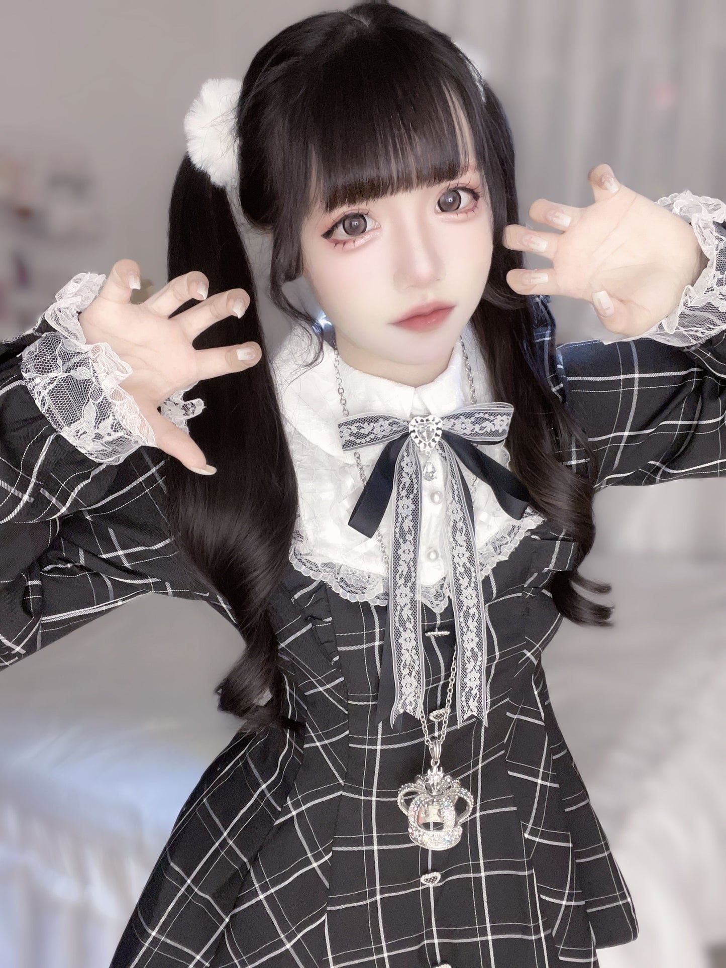 Checkered Long Sleeve Back Ribbon Mini Dress VIR0009