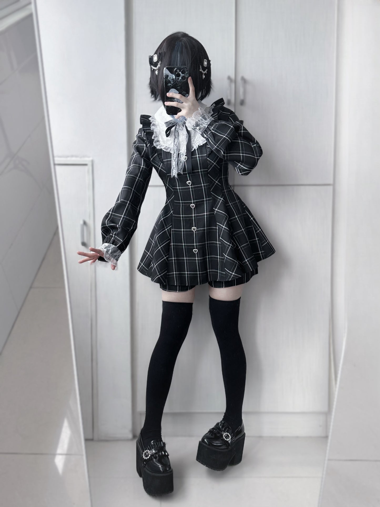 Checkered Long Sleeve Back Ribbon Mini Dress VIR0009
