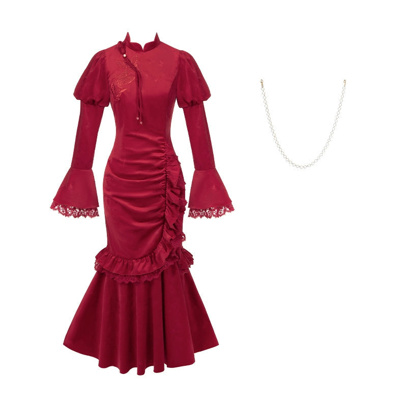 Chinese-Style Embroidered Velvet Fishtail Dress WIT0272