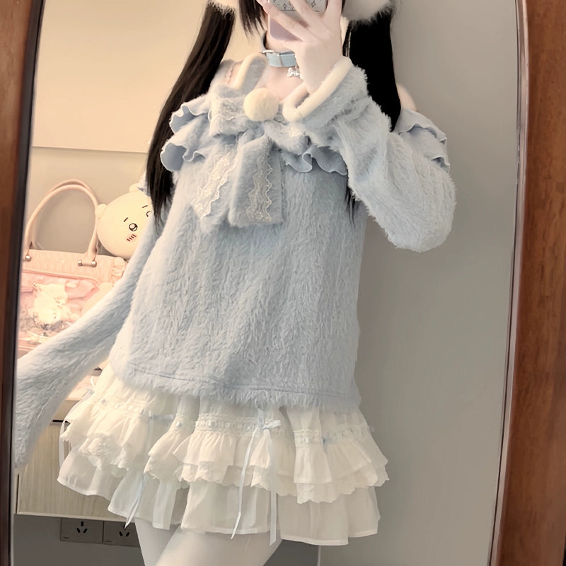 Blue One-Shoulder Sweater and Skirt Two-Piece LAL0111