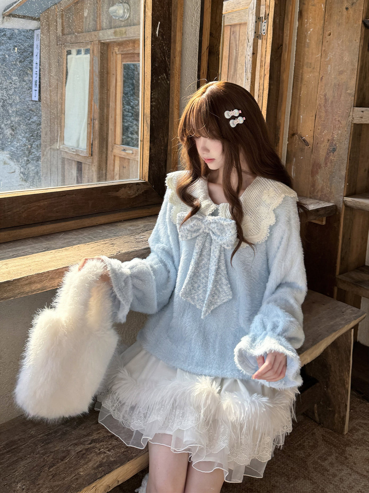 Fluffy Lace Collar Knit Sweater With Tiered Skirt LAL0154