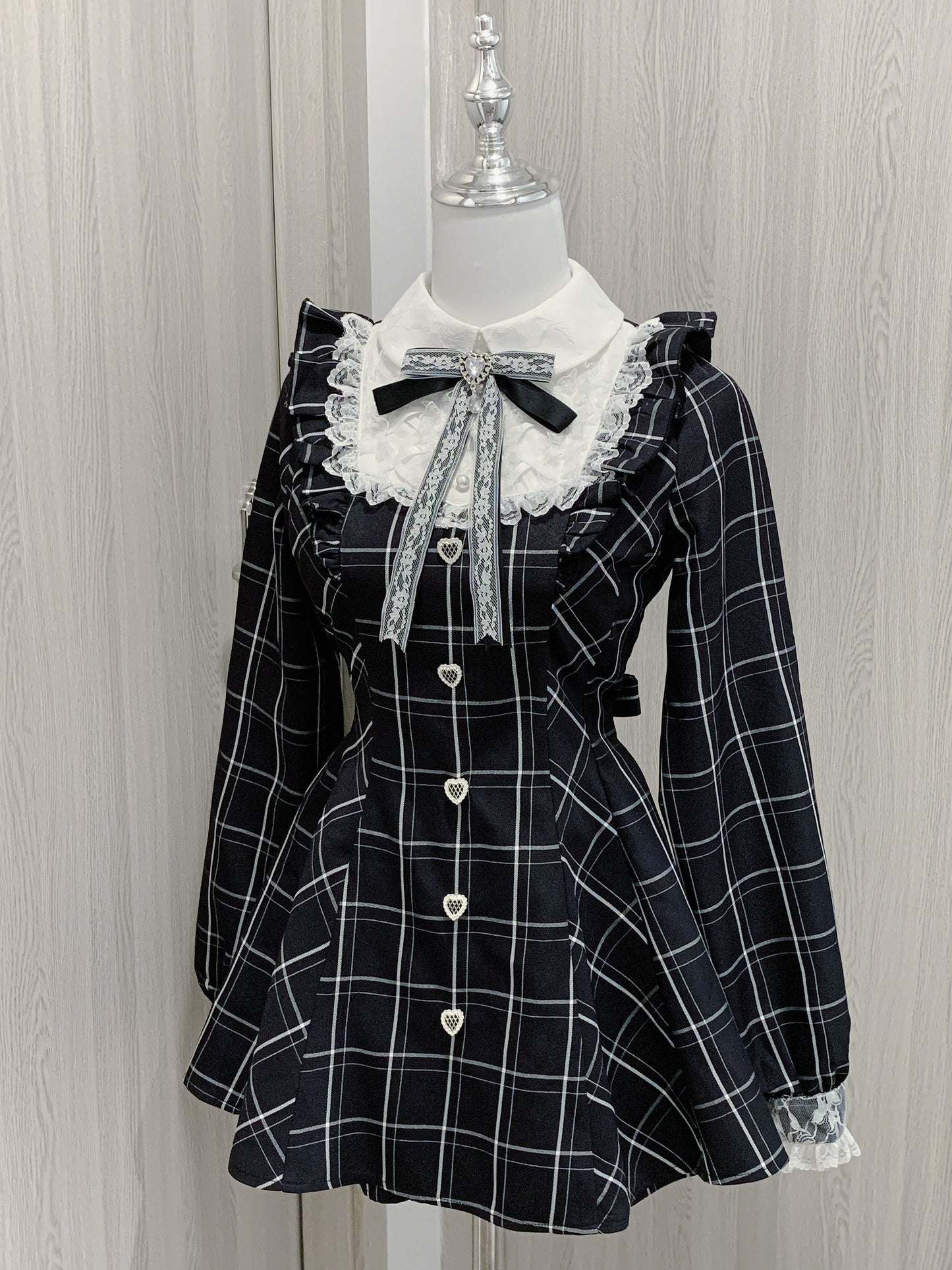 Checkered Long Sleeve Back Ribbon Mini Dress VIR0009