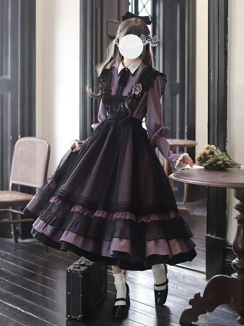 Gray, Purple, and Black Dress with Embroidered Mesh Overskirt Dress HUT0131