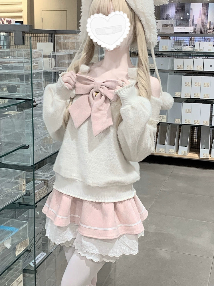 Mochi Soft One-Shoulder Big Ribbon Knit and Skirt Two-Piece LAL0105