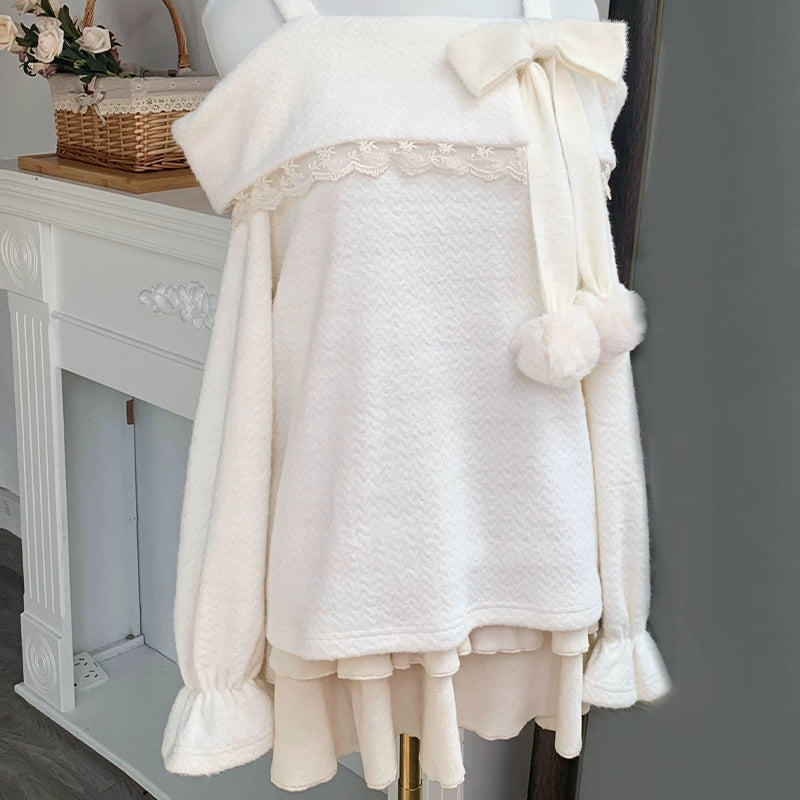 Off-Shoulder Fluffy Sweater and Skirt LAL0097