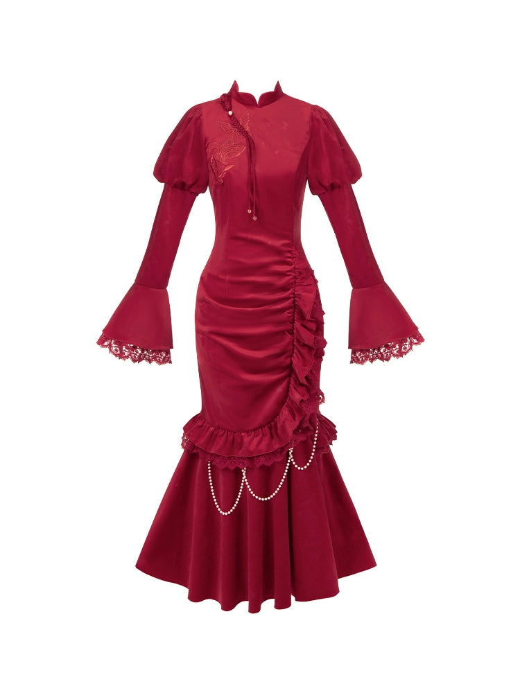 Chinese-Style Embroidered Velvet Fishtail Dress WIT0272