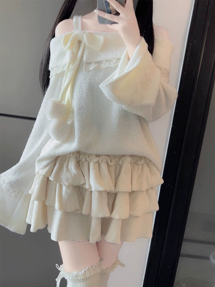 Off-Shoulder Fluffy Sweater and Skirt LAL0097