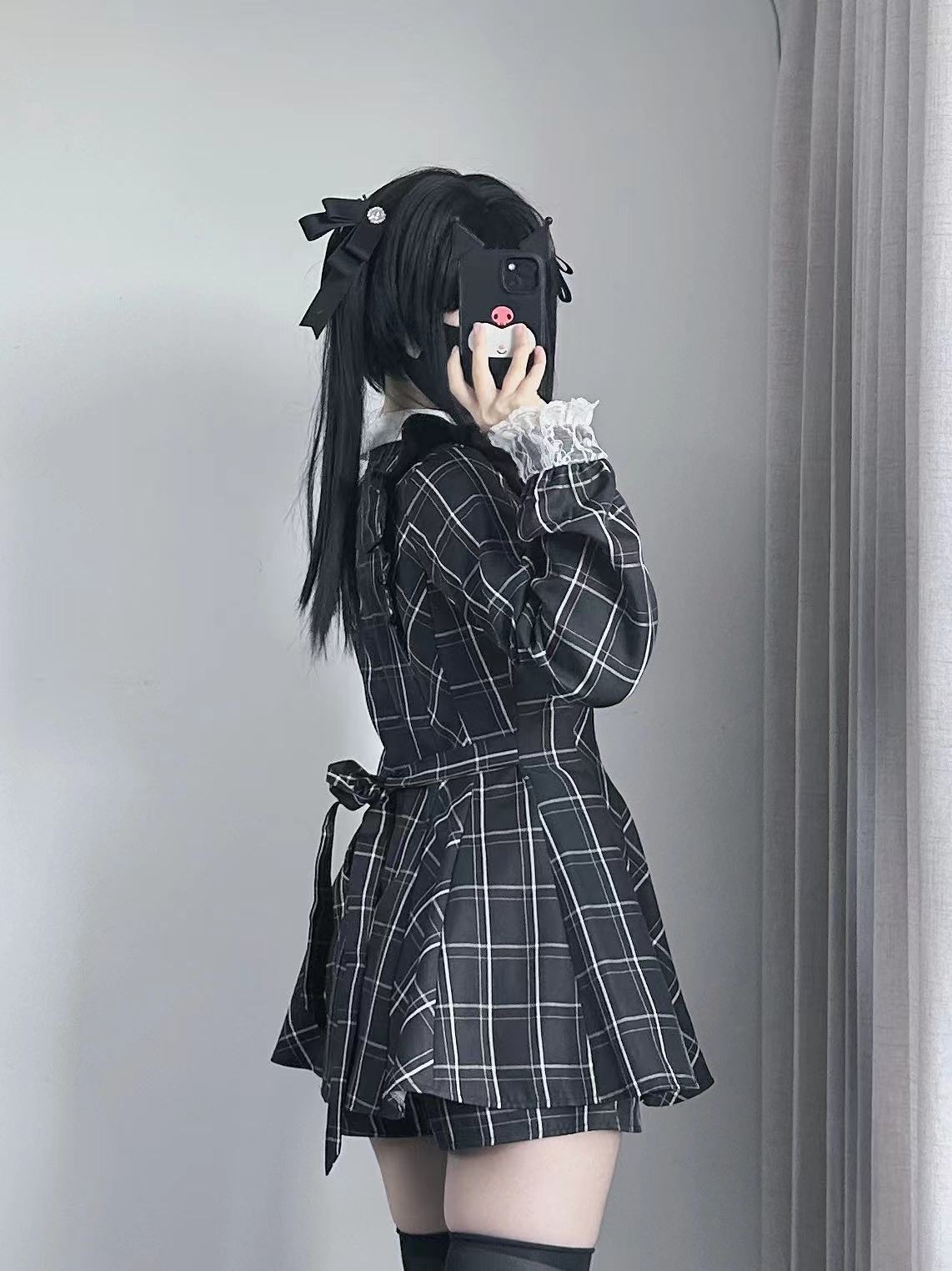 Checkered Long Sleeve Back Ribbon Mini Dress VIR0009
