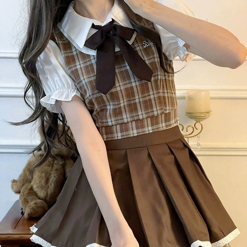 Brown Checkered Top and Skirt Two-Piece LAL0088
