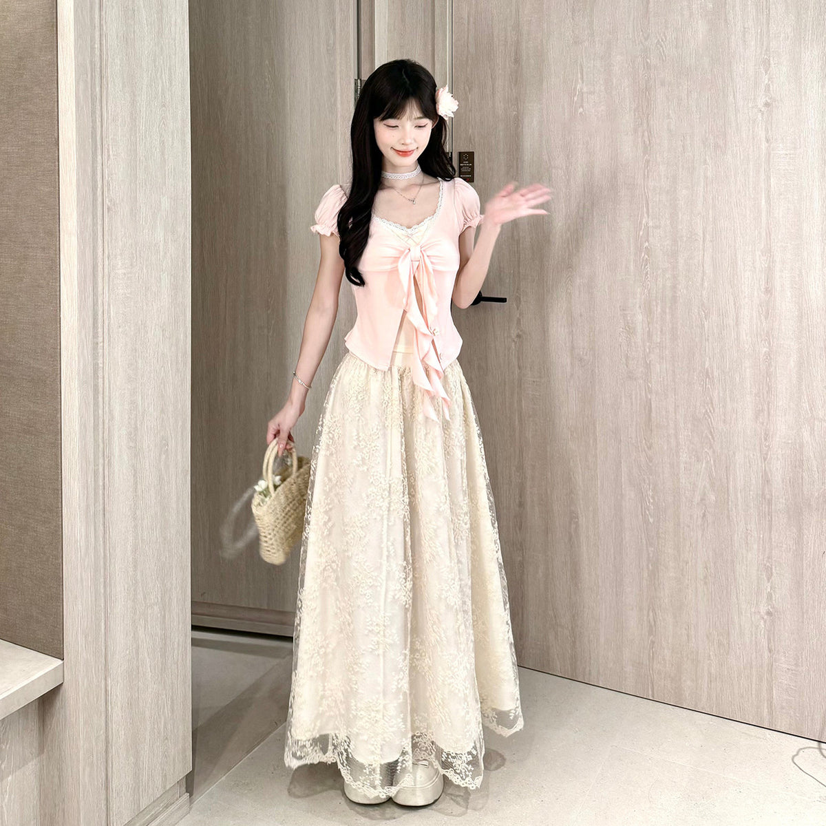 Puff Sleeve Ribbon Lace Skirt Set BEL0034