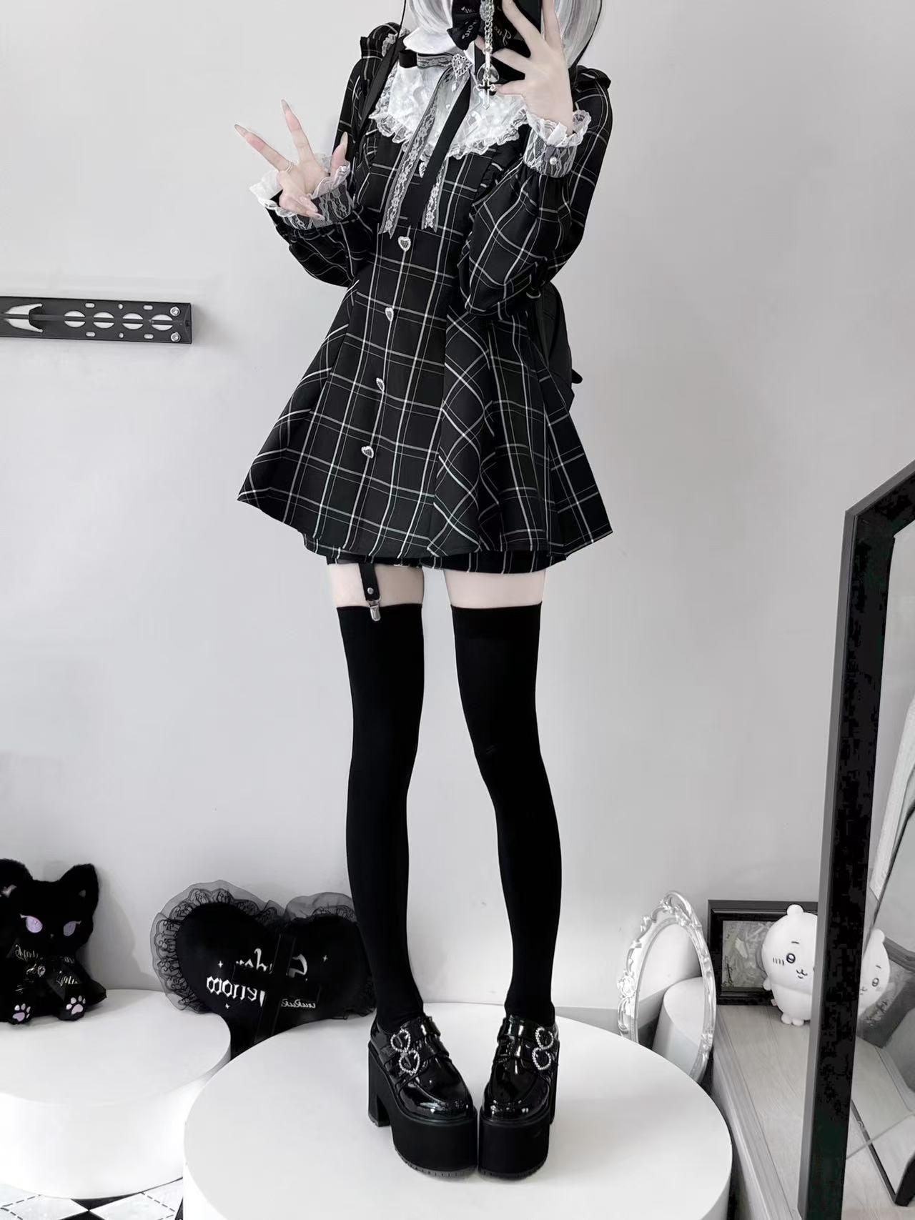 Checkered Long Sleeve Back Ribbon Mini Dress VIR0009