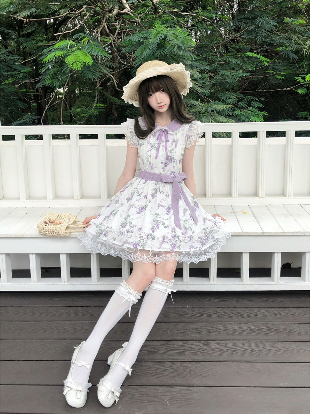 Grape Floral Doll Collar Lace Hem Dress LAL0228