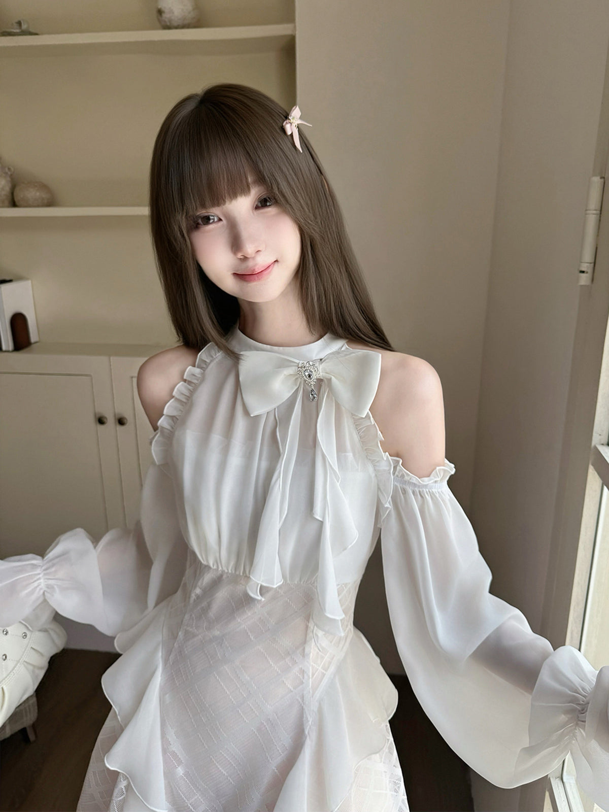 Off-Shoulder Bow Tiered Tulle Dress LAL0133