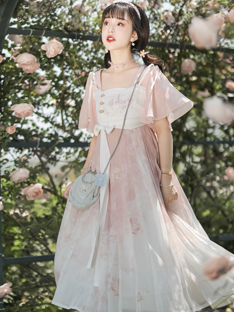 Goldfish & Flowers Embroidery Sweet Pink China Dress YOU0075