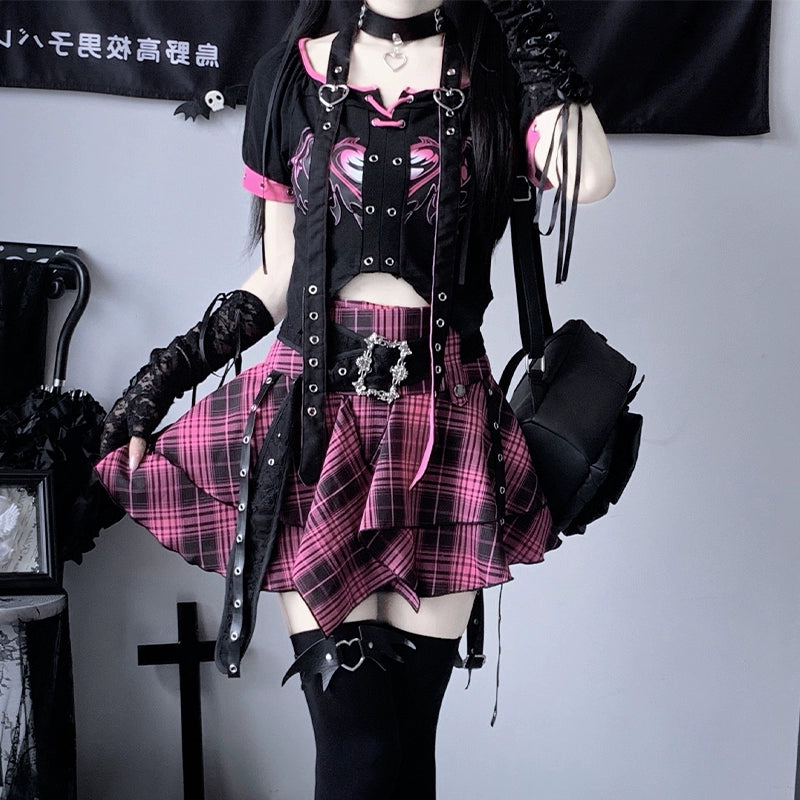 Pink and Black Check Top and Skirt LAL0096