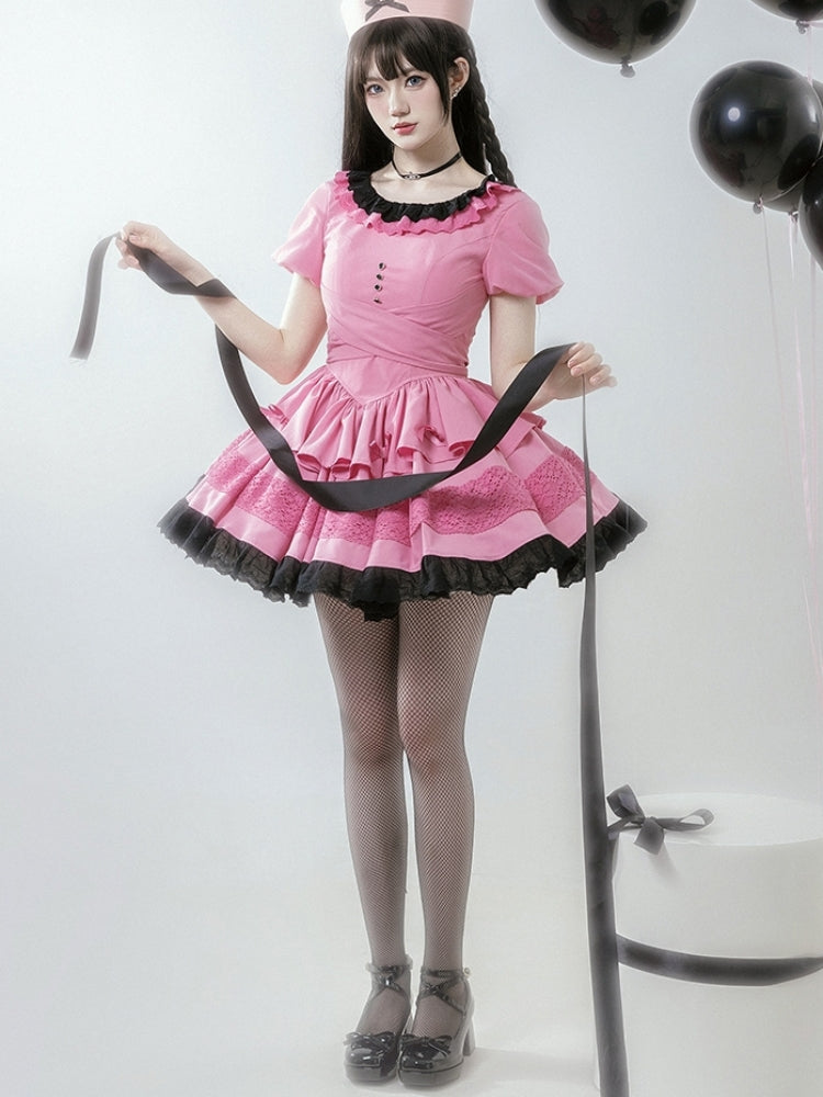 Sweet Black and Pink Short Sleeve Dress WIT0127