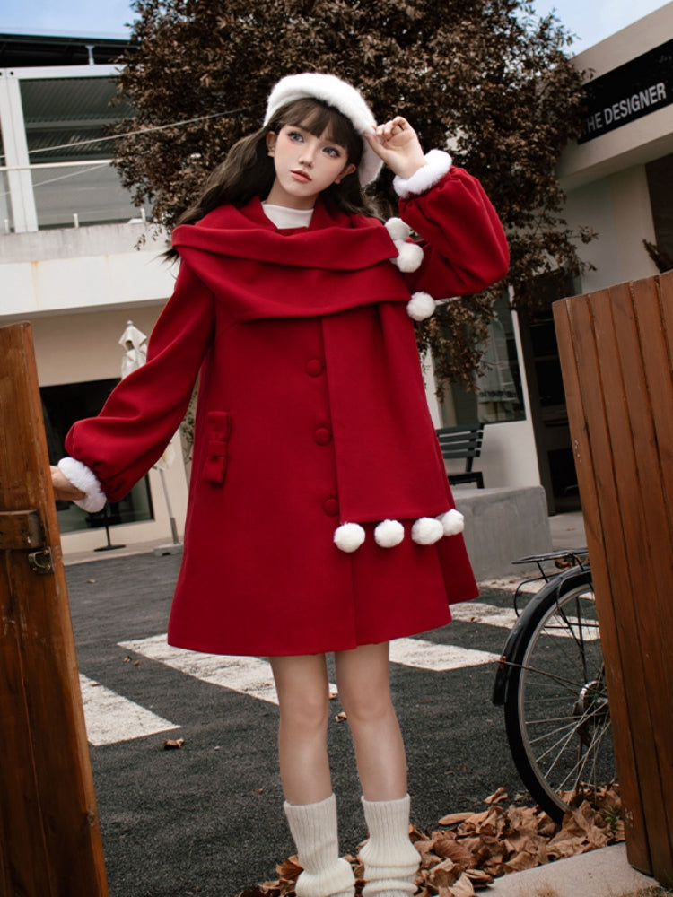 Faux Scarf Pom-Pom Wool Coat WIT0255