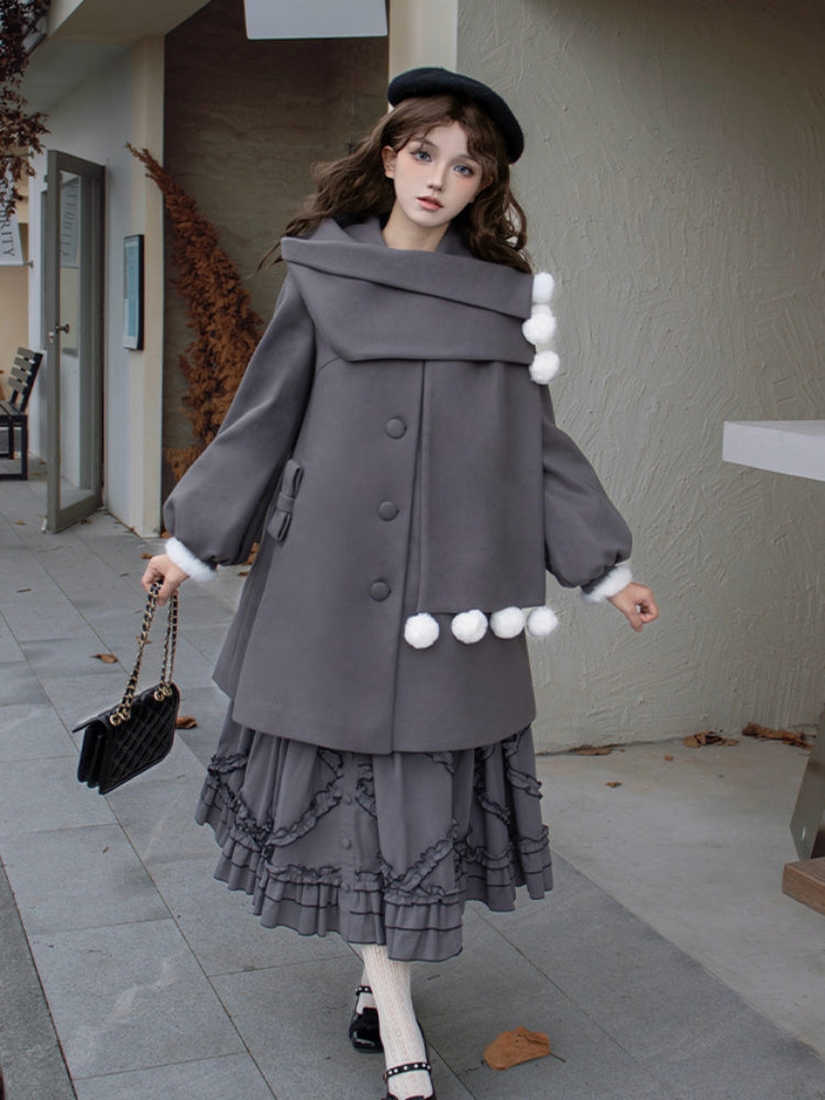 Faux Scarf Pom-Pom Wool Coat WIT0255