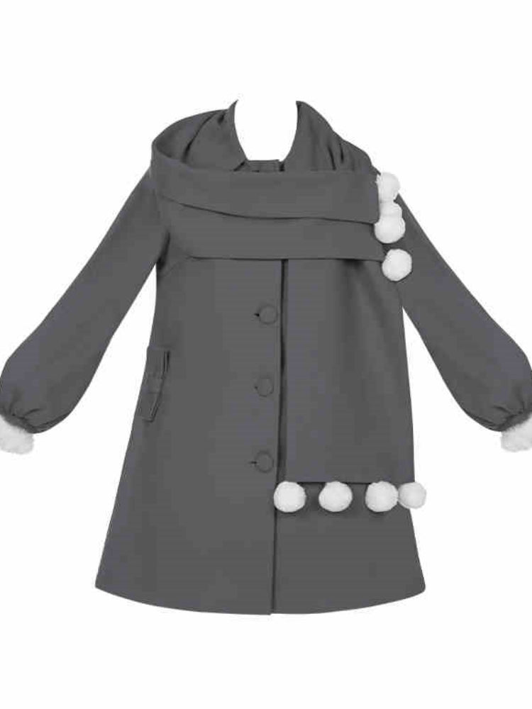 Faux Scarf Pom-Pom Wool Coat WIT0255