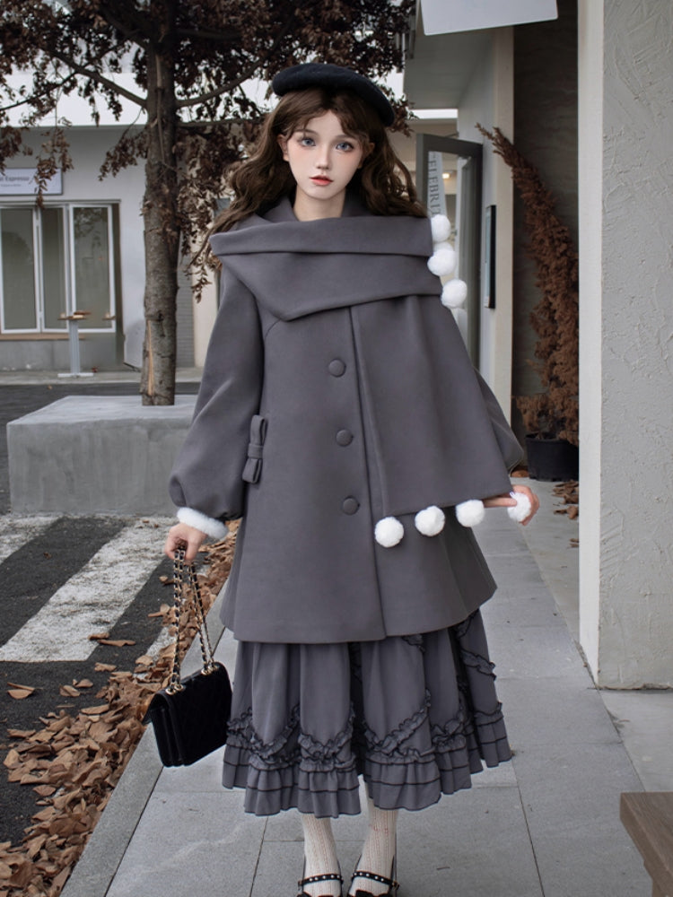 Faux Scarf Pom-Pom Wool Coat WIT0255