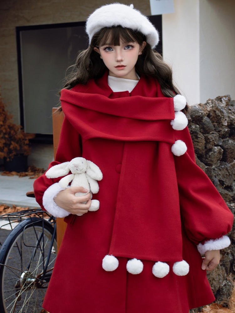 Faux Scarf Pom-Pom Wool Coat WIT0255
