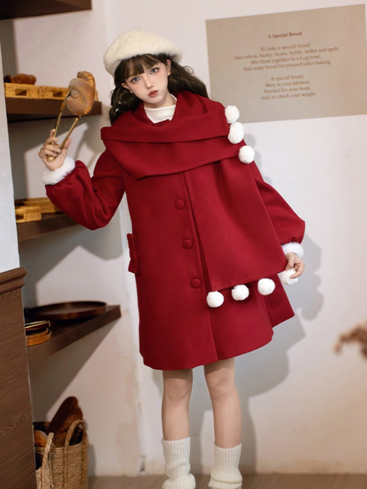 Faux Scarf Pom-Pom Wool Coat WIT0255
