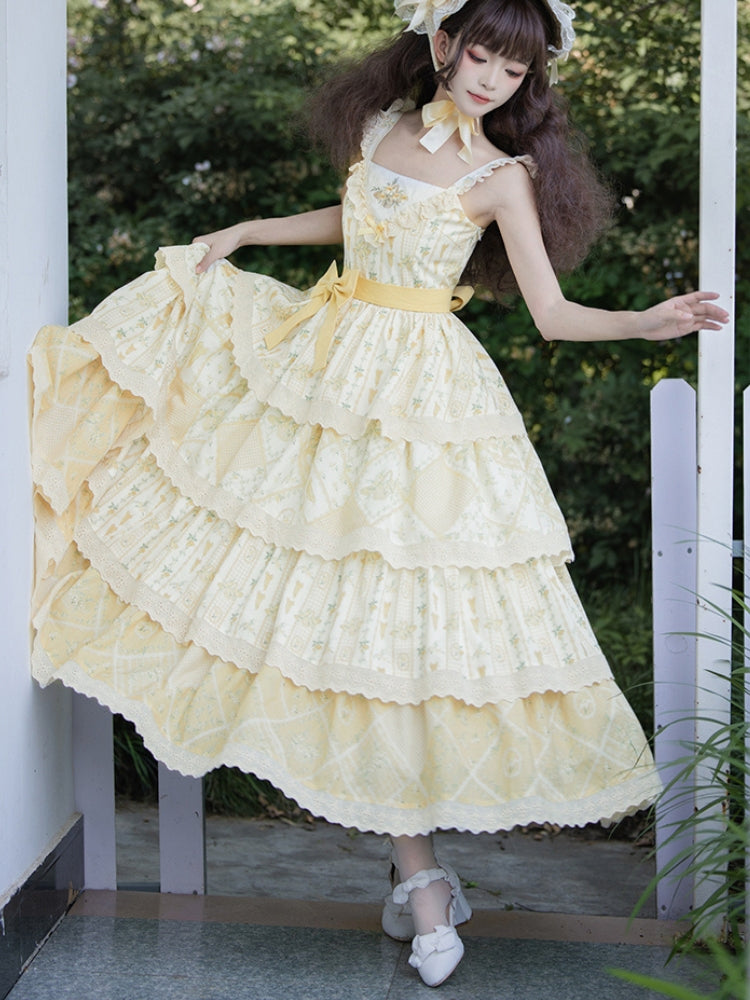 Embroidered Print Tiered Yellow Long Dress WIT0072