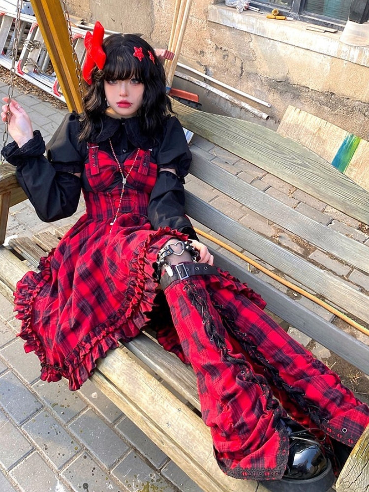 Punk Red and Black Check Print Dress WIT0090