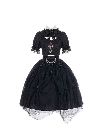 Gothic Rose Embroidery Black Mid-Length Dress WIT0080