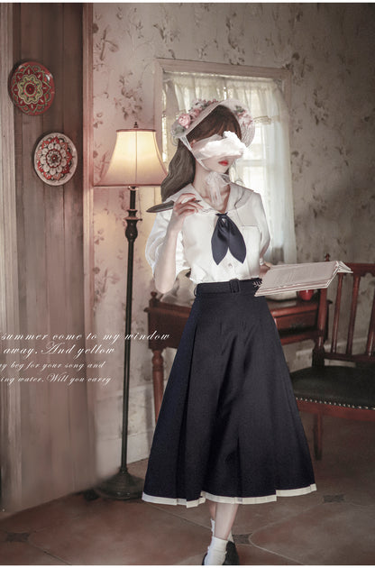 College Style Retro Long Skirt & Sailor Suit HUT0059