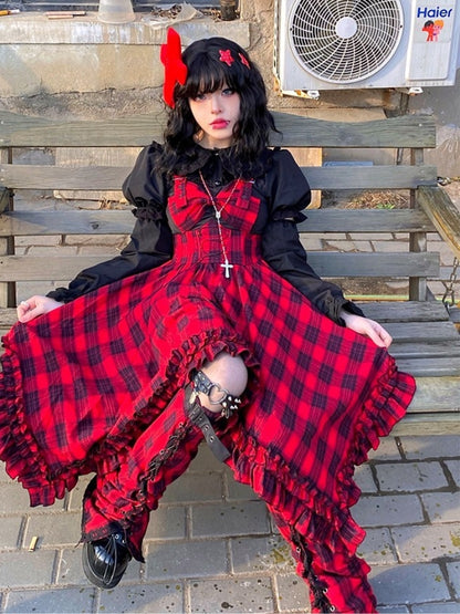 Punk Red and Black Check Print Dress WIT0090