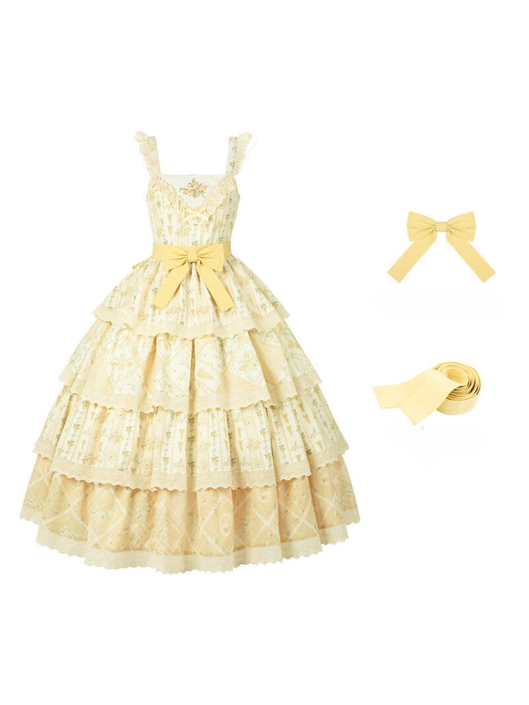 Embroidered Print Tiered Yellow Long Dress WIT0072