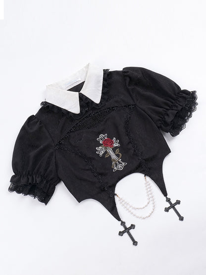 Gothic Rose Embroidery Black Mid-Length Dress WIT0080