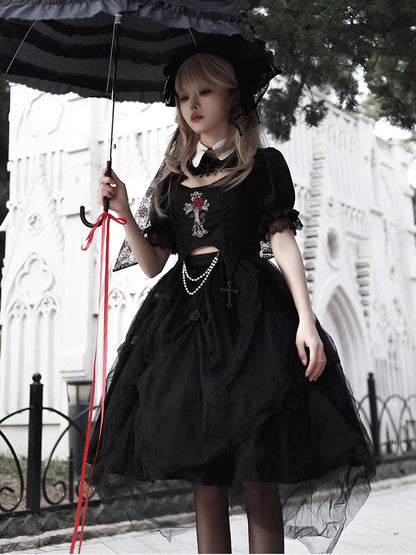 Gothic Rose Embroidery Black Mid-Length Dress WIT0080